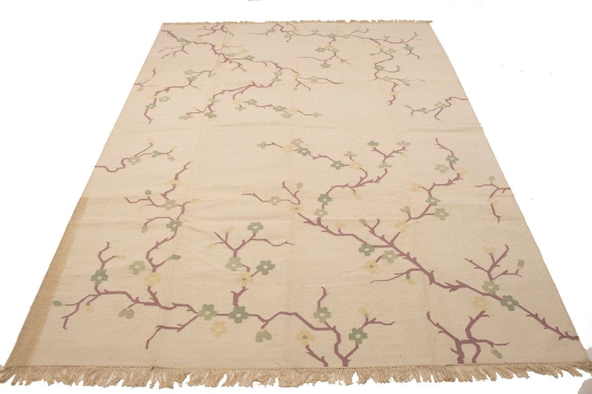 Beige Floral Dhurrie 9X12 Indian Oriental Rug