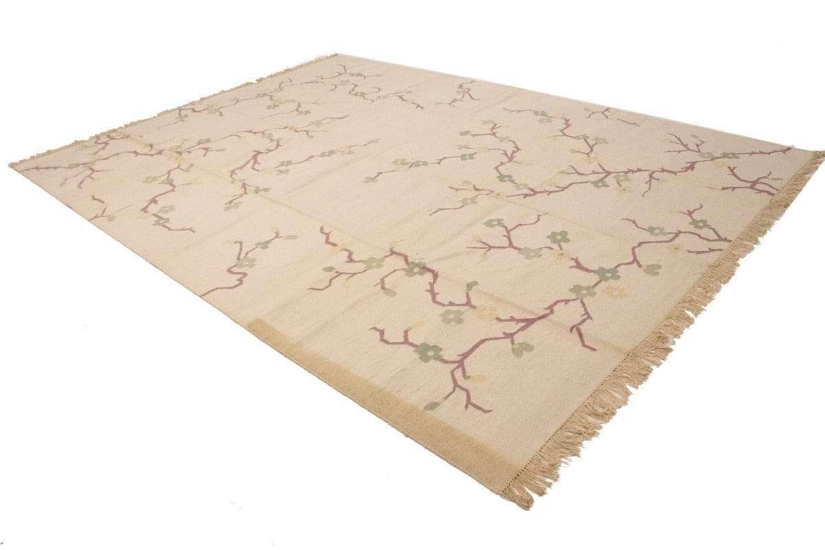 Beige Floral Dhurrie 9X12 Indian Oriental Rug