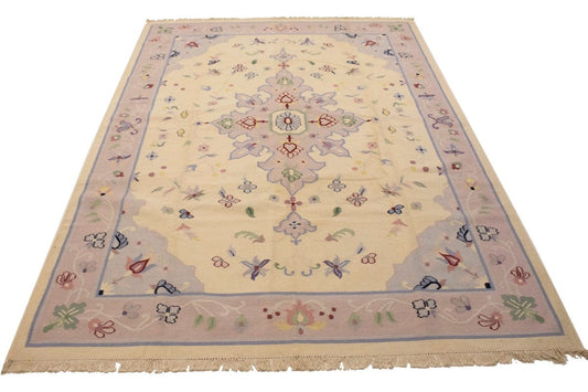 Cream Floral Dhurrie 9X12 Indian Oriental Rug