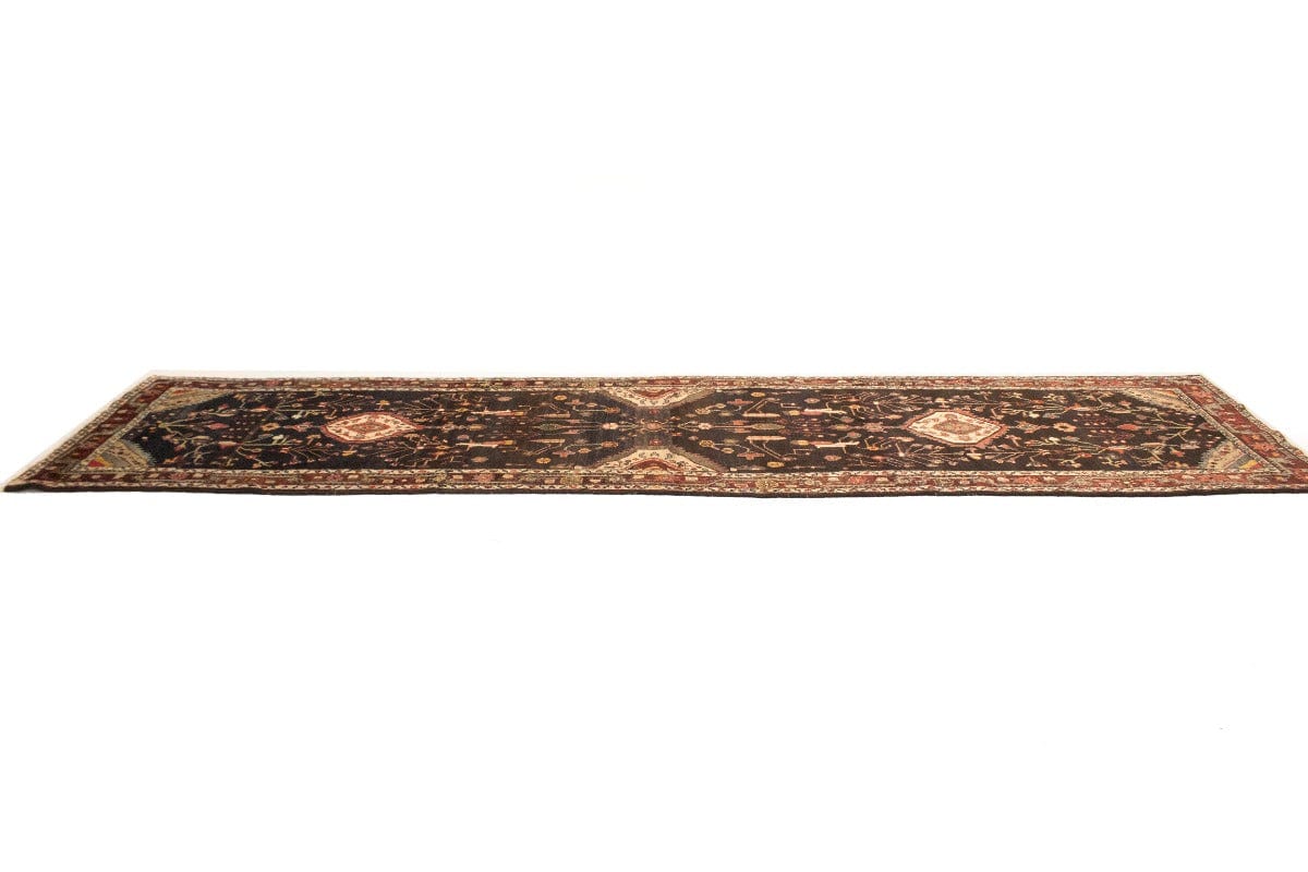 Semi Antique Dark Brown Floral 3'4X13'5 Hamedan Persian Runner Rug