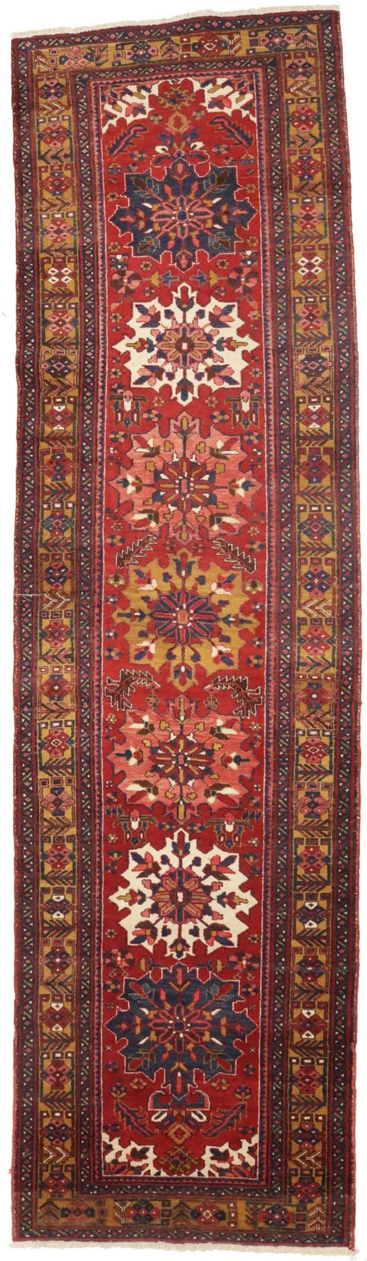 Vintage Red Geometric 4X14 Karajeh Persian Runner Rug