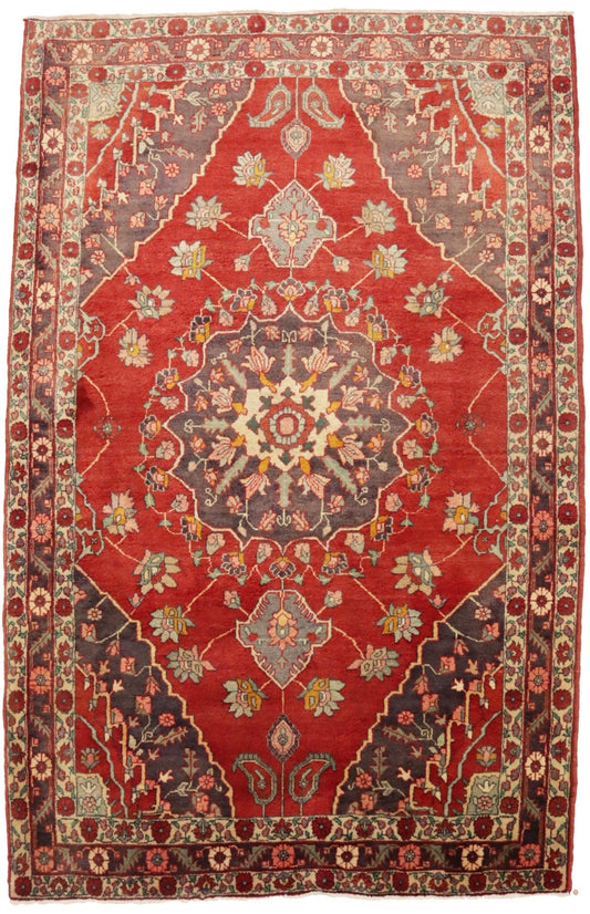Semi Antique Floral Red 4'8X7'5 Tabriz Persian Rug