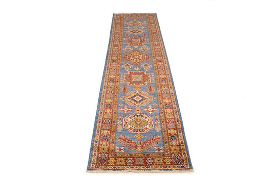 Blue Geometric 2'4X9'8 Kazak Pakistan Runner Rug