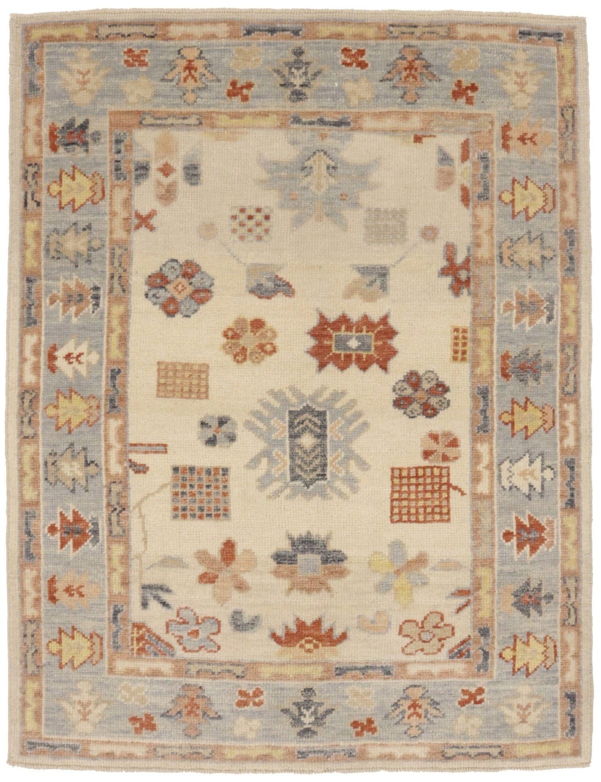 Cream Floral Oushak 4'2X5'5 Turkish Oriental Rug