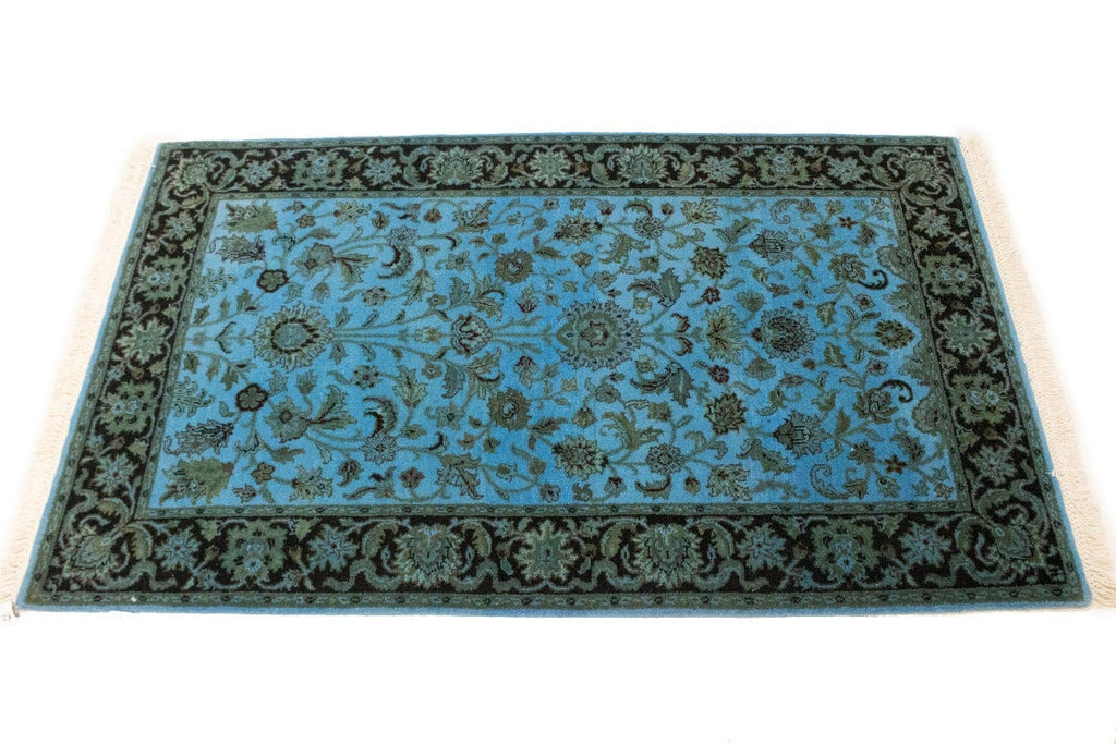 Overdyed Blue Floral 3X5 Distressed Agra Oriental Rug