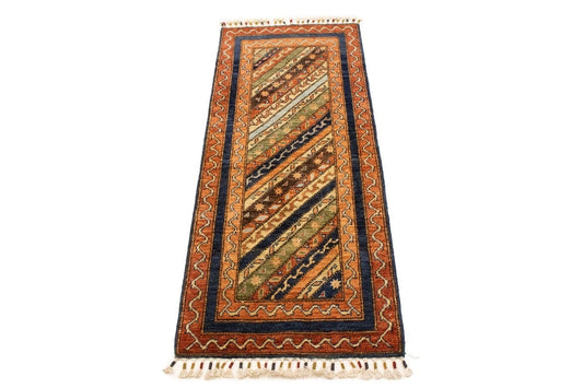 Rust Orange Geometric Tribal 2X5 Kazak Pakistan Rug