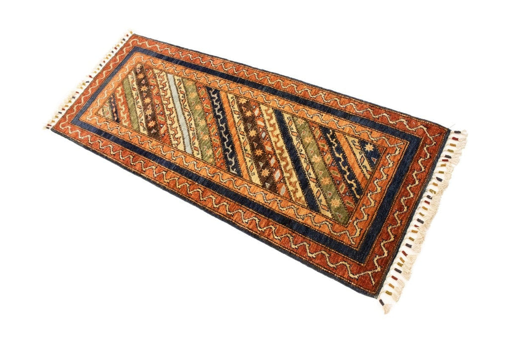 Rust Orange Geometric Tribal 2X5 Kazak Pakistan Rug