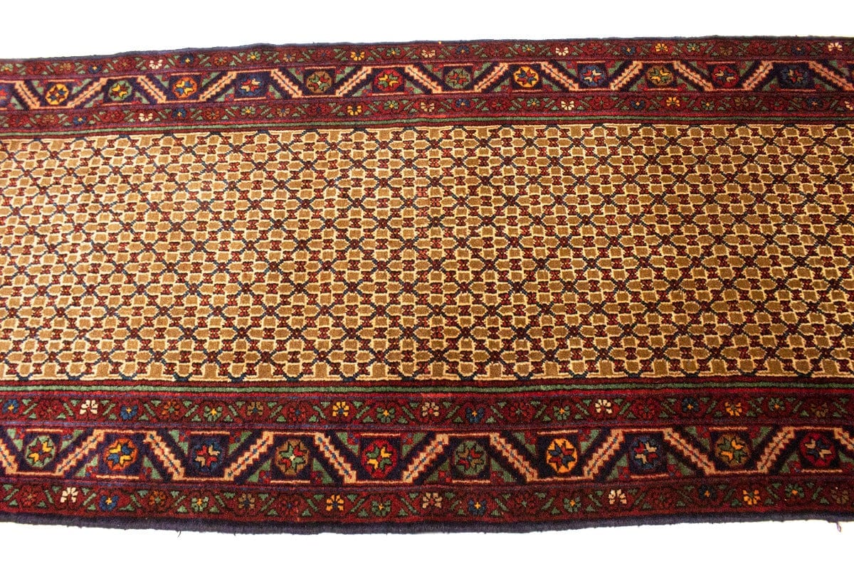 Vintage Tribal Cream/Khaki 3'5X13 Hamedan Persian Runner Rug