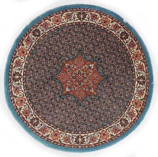 Teal Blue Floral 4X4 Bidjar Halvaei Persian Round Rug