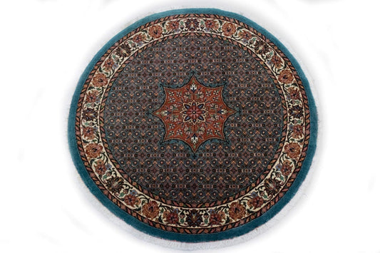 Teal Blue Floral 4X4 Bidjar Halvaei Persian Round Rug