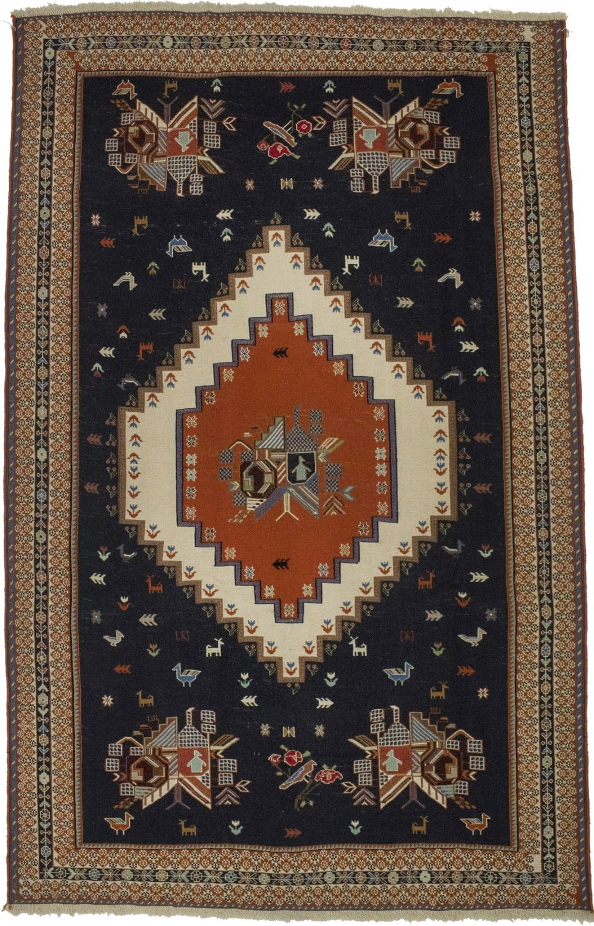 Navy Blue Tribal 4X7 Sumak Persian Rug