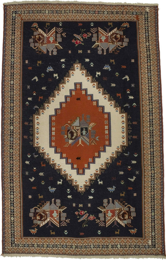 Navy Blue Tribal 4X7 Sumak Persian Rug