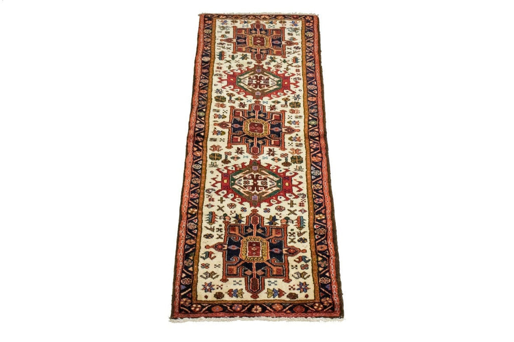 Vintage Cream Geometric 2'4X6'6 Gharajeh Persian Runner Rug