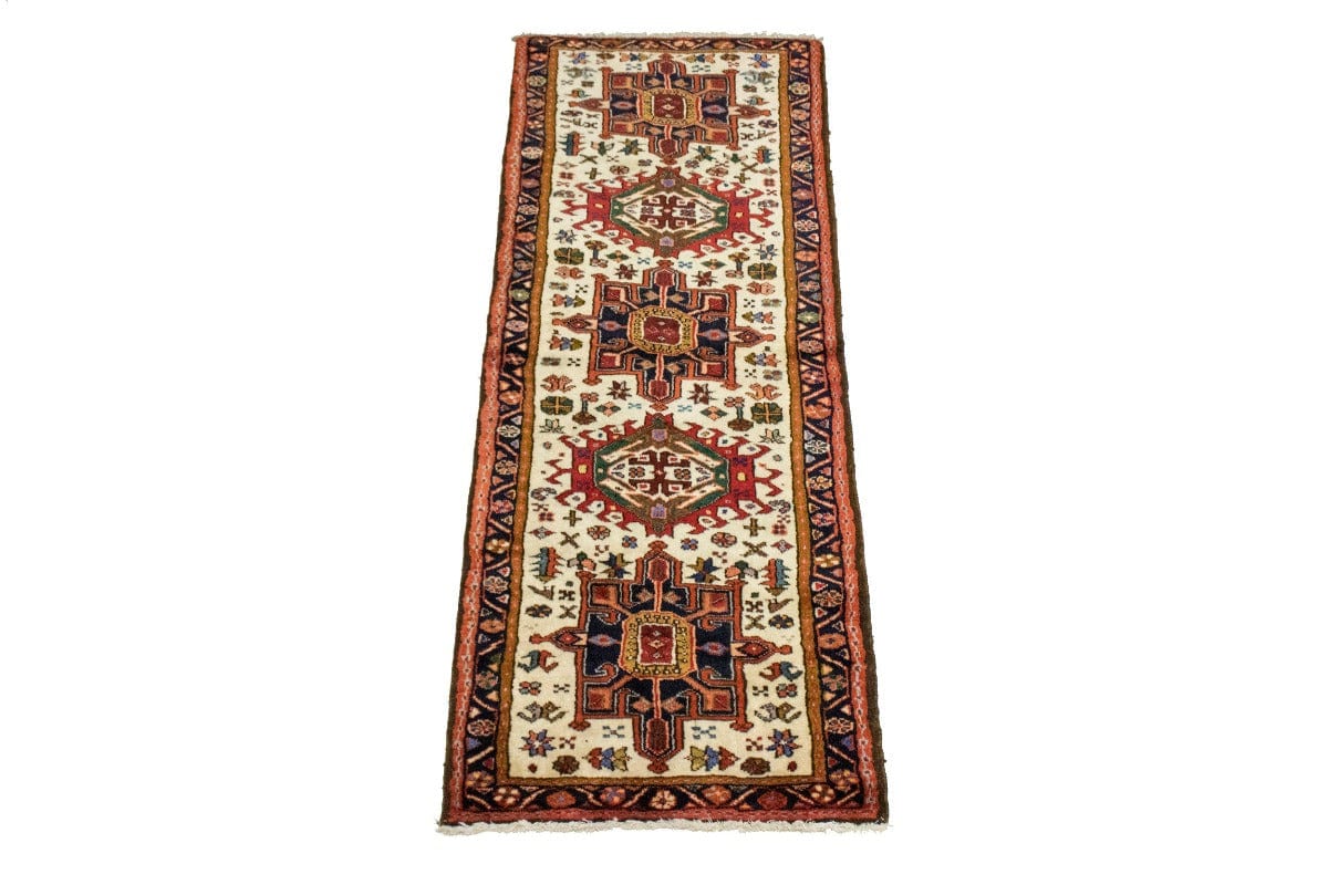 Vintage Cream Geometric 2'4X6'6 Gharajeh Persian Runner Rug