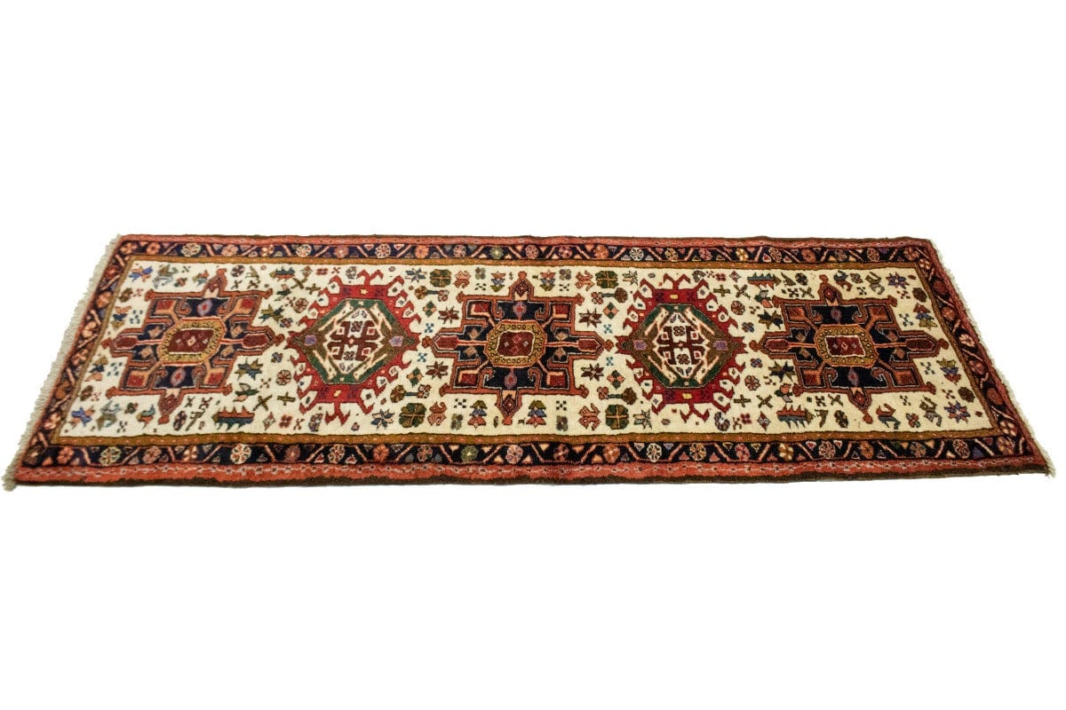 Vintage Cream Geometric 2'4X6'6 Gharajeh Persian Runner Rug