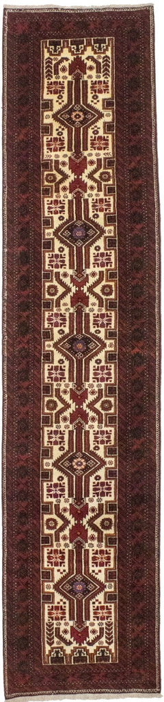 Vintage Ivory Tribal 3X13 Balouch Persian Runner Rug