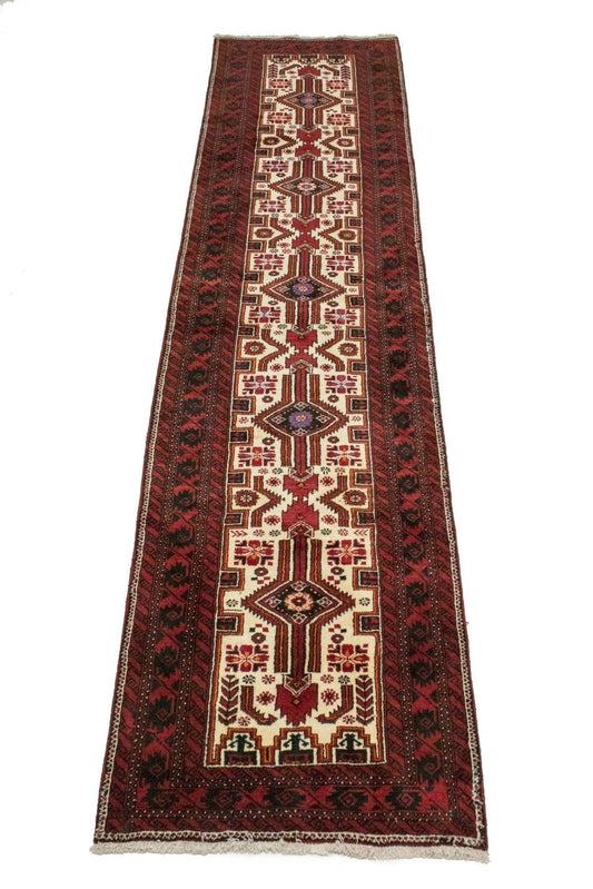 Vintage Ivory Tribal 3X13 Balouch Persian Runner Rug