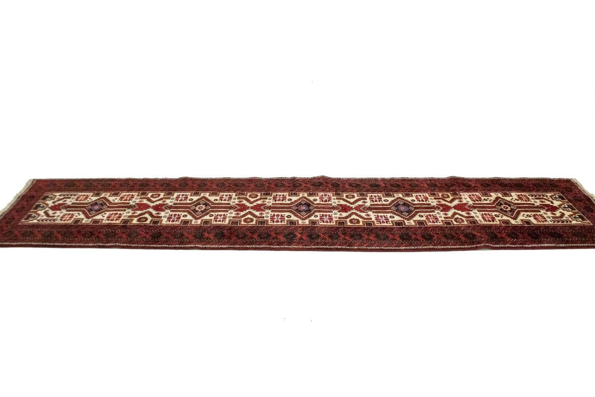 Vintage Ivory Tribal 3X13 Balouch Persian Runner Rug
