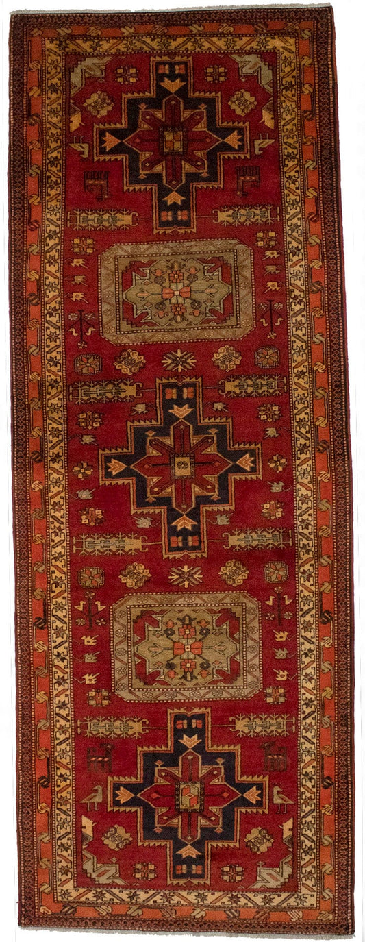 Vintage Red Geometric 4X11 Ardebil Persian Runner Rug