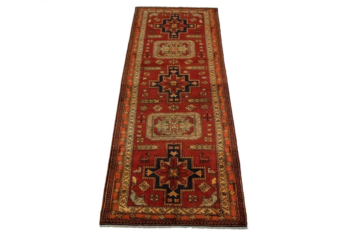 Vintage Red Geometric 4X11 Ardebil Persian Runner Rug