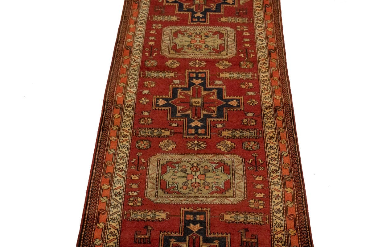 Vintage Red Geometric 4X11 Ardebil Persian Runner Rug