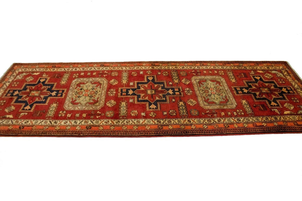 Vintage Red Geometric 4X11 Ardebil Persian Runner Rug