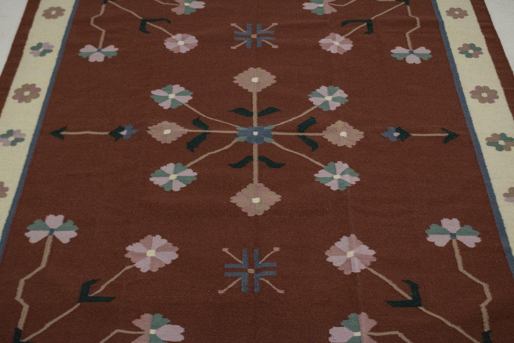 Maroon Floral Dhurrie 8X10 Indian Oriental Rug