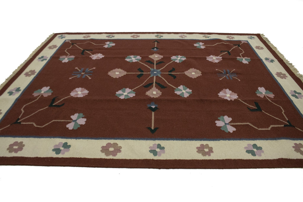 Maroon Floral Dhurrie 8X10 Indian Oriental Rug