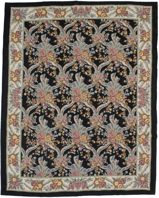 Black Floral Aubusson 8X10 Needlepoint Oriental Rug