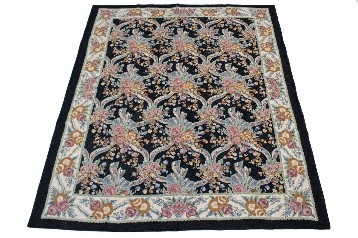 Black Floral Aubusson 8X10 Needlepoint Oriental Rug