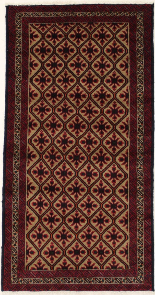 Vintage Beige & Red Tribal 3'4X6'6 Balouch Persian Rug