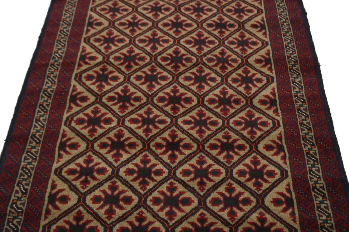 Vintage Beige & Red Tribal 3'4X6'6 Balouch Persian Rug