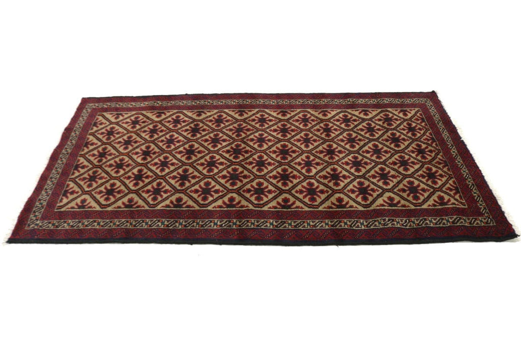 Vintage Beige & Red Tribal 3'4X6'6 Balouch Persian Rug