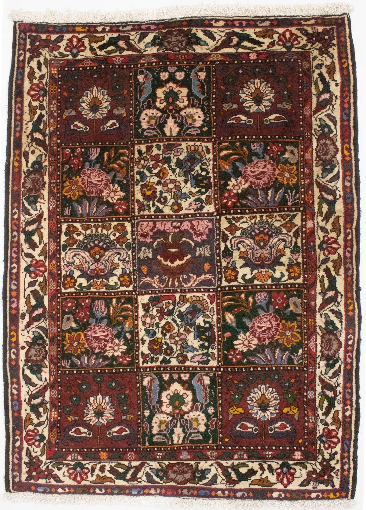 Vintage Cream & Maroon Red Floral 4X5 Bakhtiari Persian Rug