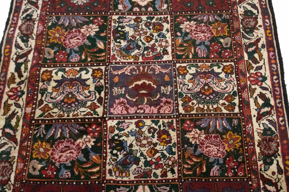 Vintage Cream & Maroon Red Floral 4X5 Bakhtiari Persian Rug