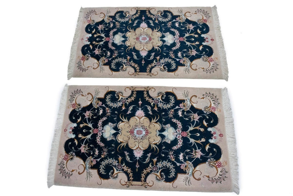 Dark Navy & Cream Traditional 2X3 Pair of Tabriz Persian Rugs