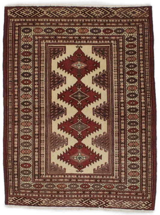 Vintage Geometric Ivory 3X4 Turkoman Persian Rug