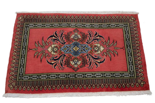 Vintage Coral Red Floral 2X3 Kashan Persian Rug