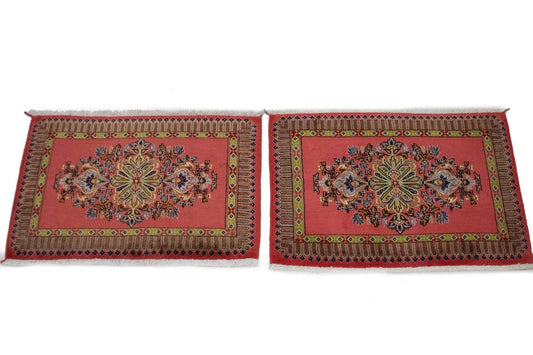 Pair of Small Vintage Pastel Red Floral 2X3 Kashan Persian Rug