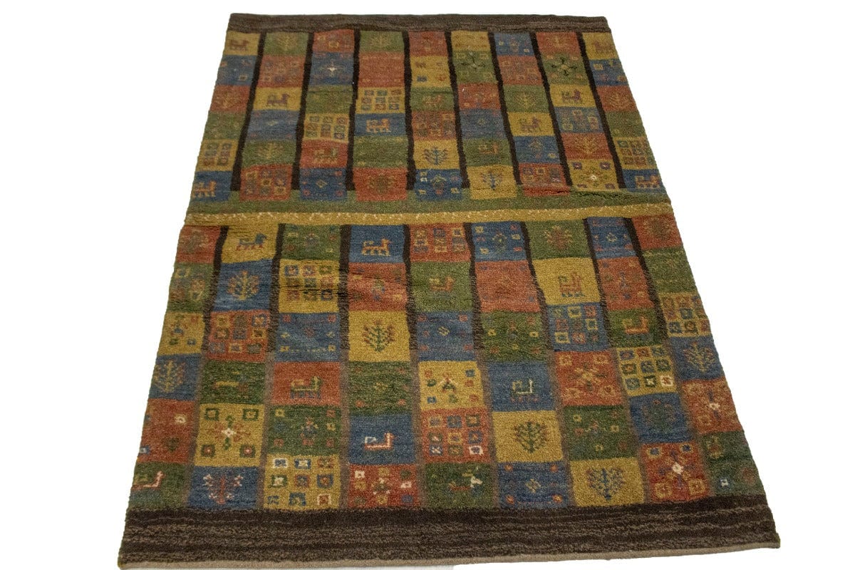 Brown & Olive Checkered 4X5 Gabbeh Persian Rug