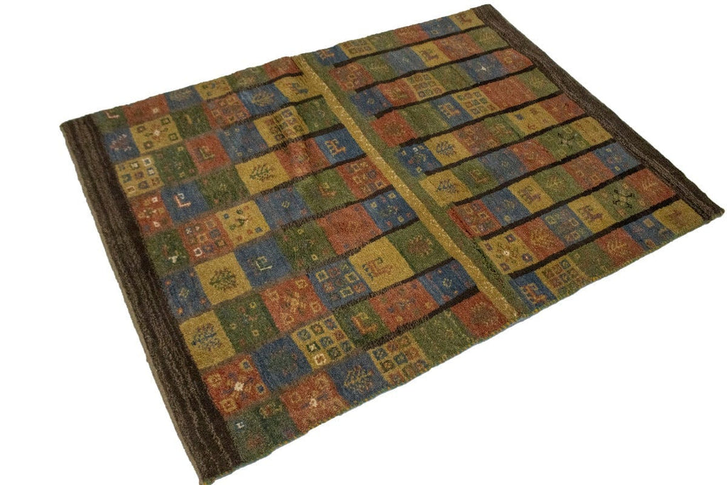 Brown & Olive Checkered 4X5 Gabbeh Persian Rug