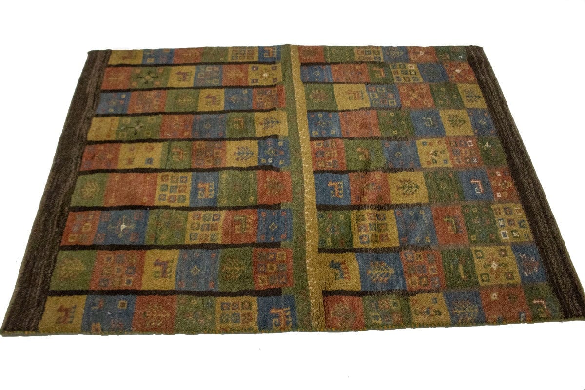 Brown & Olive Checkered 4X5 Gabbeh Persian Rug