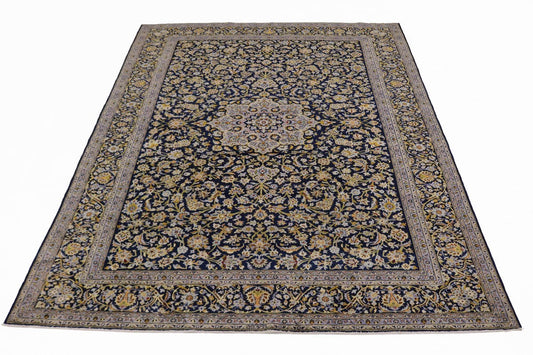 Vintage Navy Blue Traditional 9X13 Kashan Persian Rug