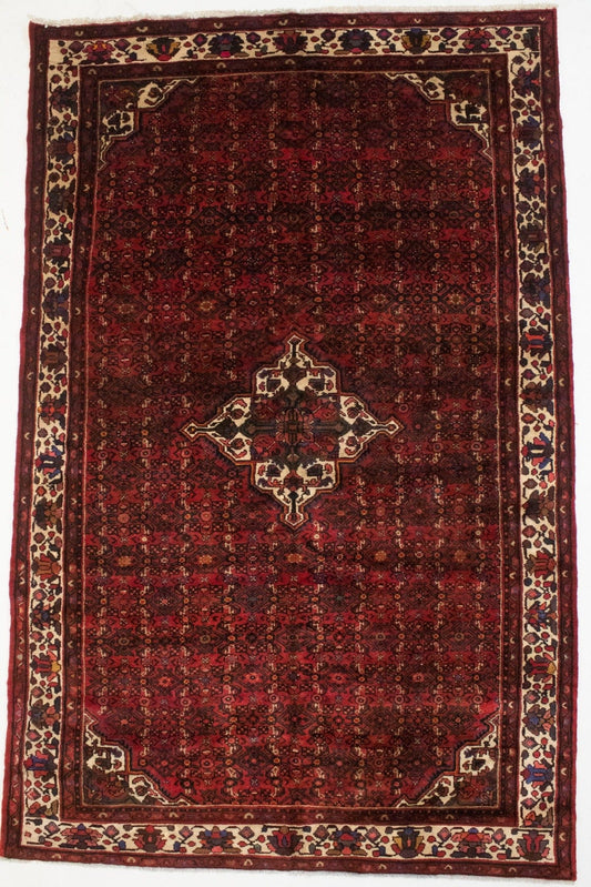 Vintage Red Tribal 7X11 Hossainabad Persian Rug