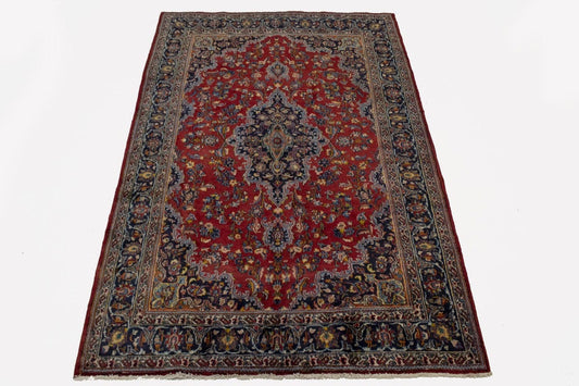 Vintage Red Traditional 6X10 Mashad Persian Rug