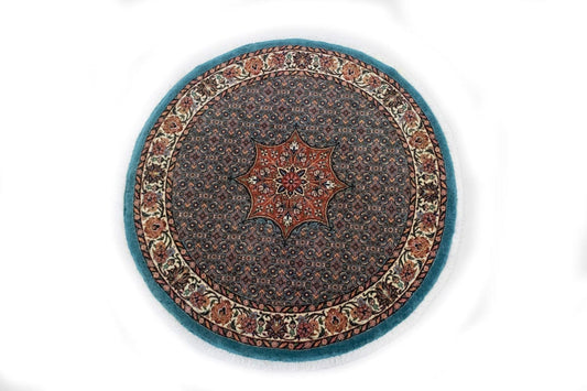 Teal Blue Floral 4X4 Bidjar Halvaei Persian Round Rug