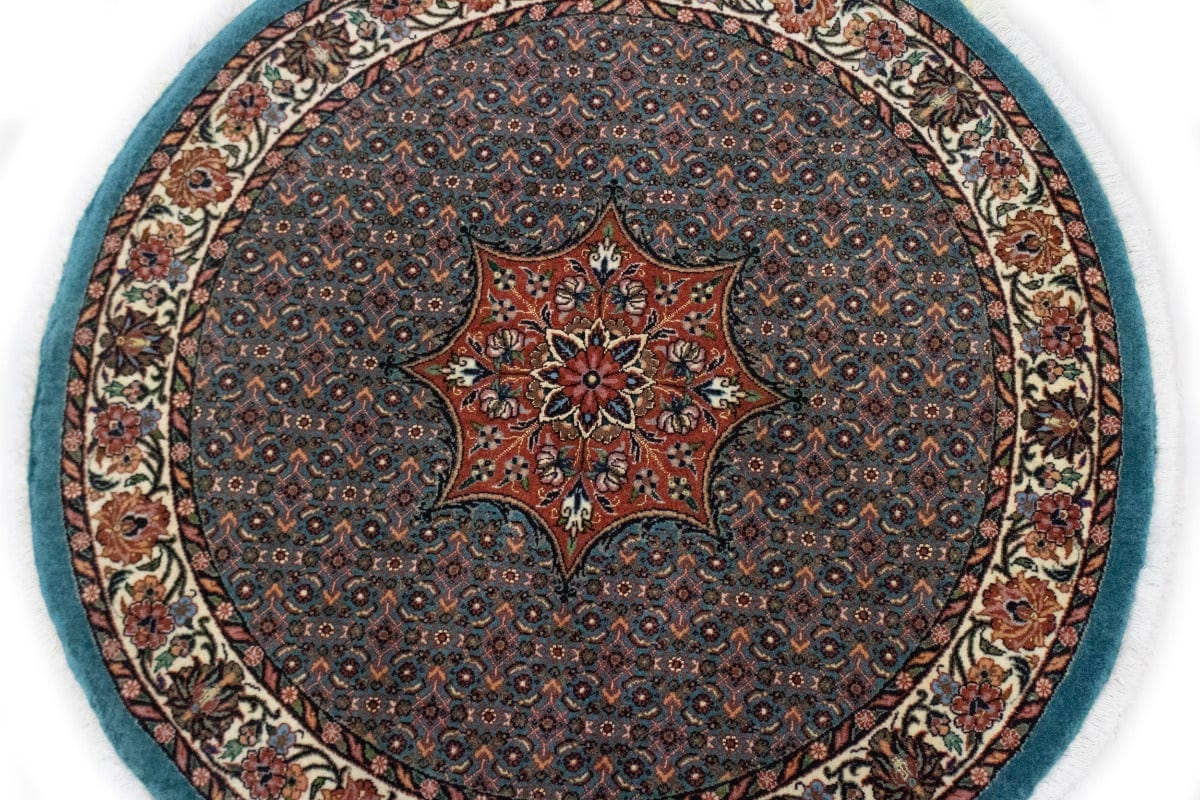 Teal Blue Floral 4X4 Bidjar Halvaei Persian Round Rug