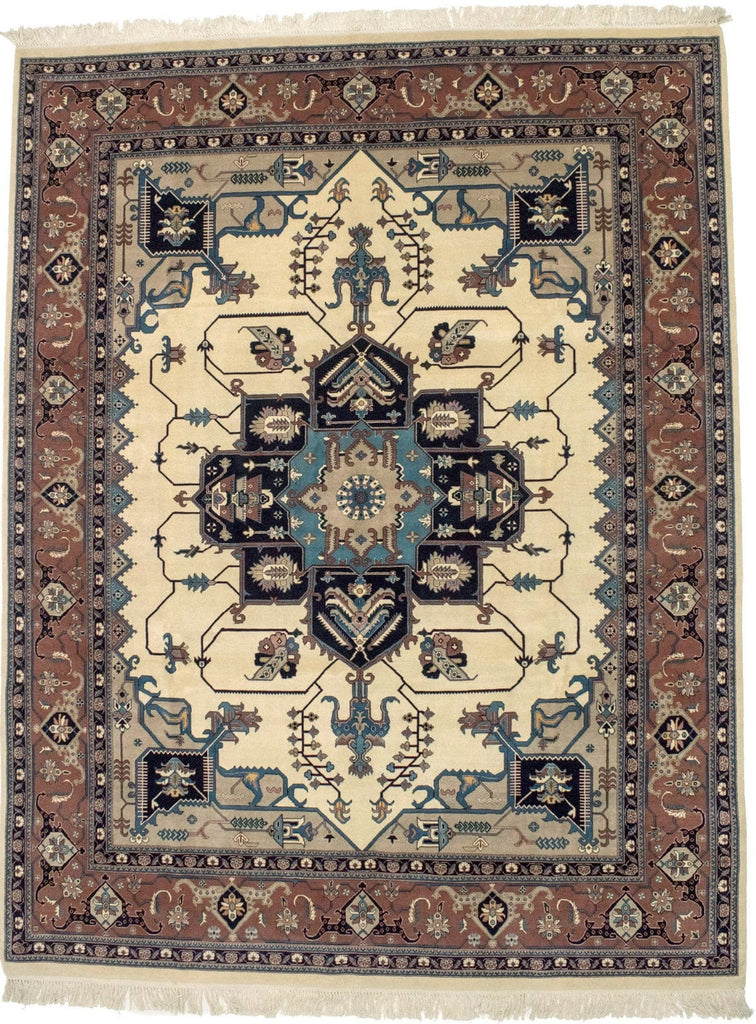 Ivory Rusty Brown Geometric 8X10 Heriz Serapi Oriental Rug