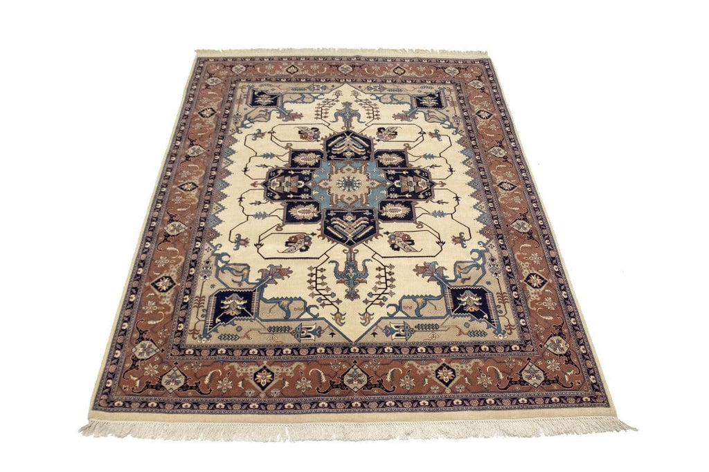 Ivory Rusty Brown Geometric 8X10 Heriz Serapi Oriental Rug