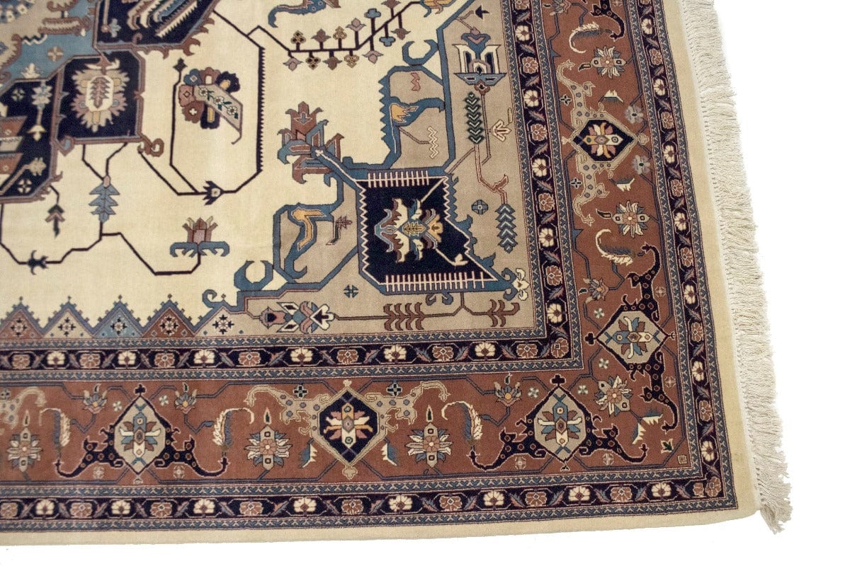 Ivory Rusty Brown Geometric 8X10 Heriz Serapi Oriental Rug